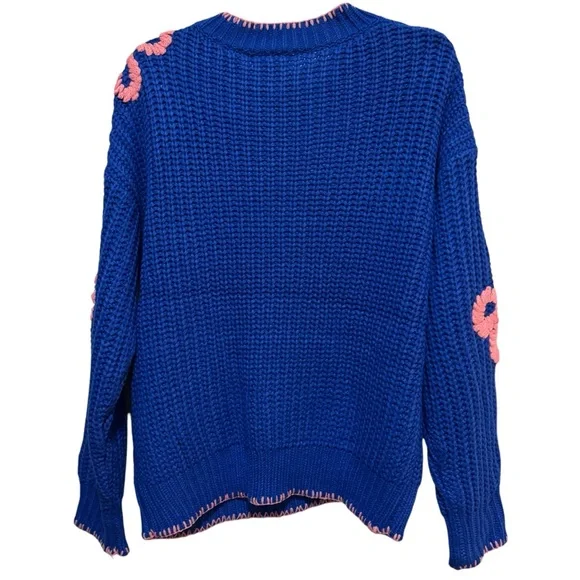 Listicle - Royal Blue Knit sweater with Coral knit Flowers - NWT - size M - Picture 6 of 10